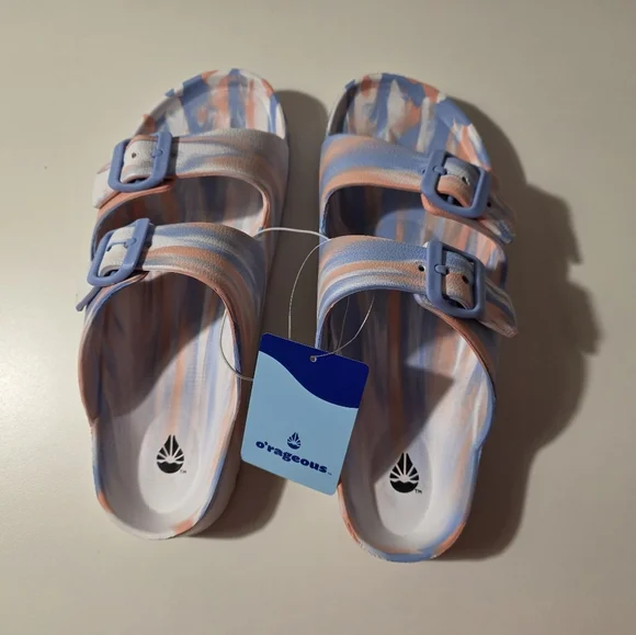 SEE DETAILS - NWT O'rageous Women's Size 8 2 Buckle Blue and Pink Swirl Sandals - Picture 1 of 10